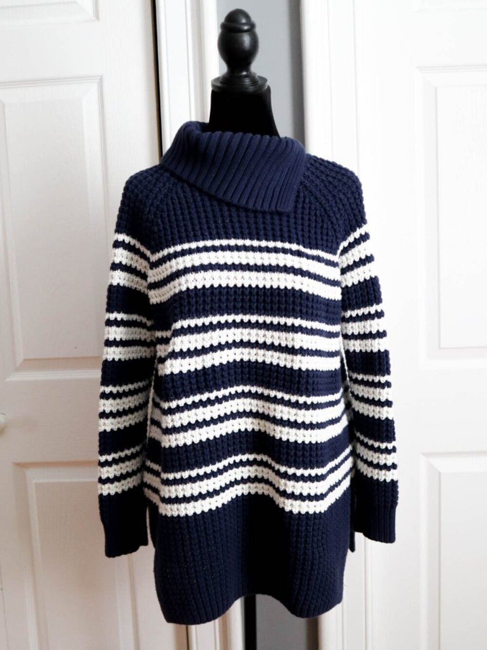 Lands' End Navy Blue & White Striped Cowl Neck Tunic Sweater Cotton Blend Sz M